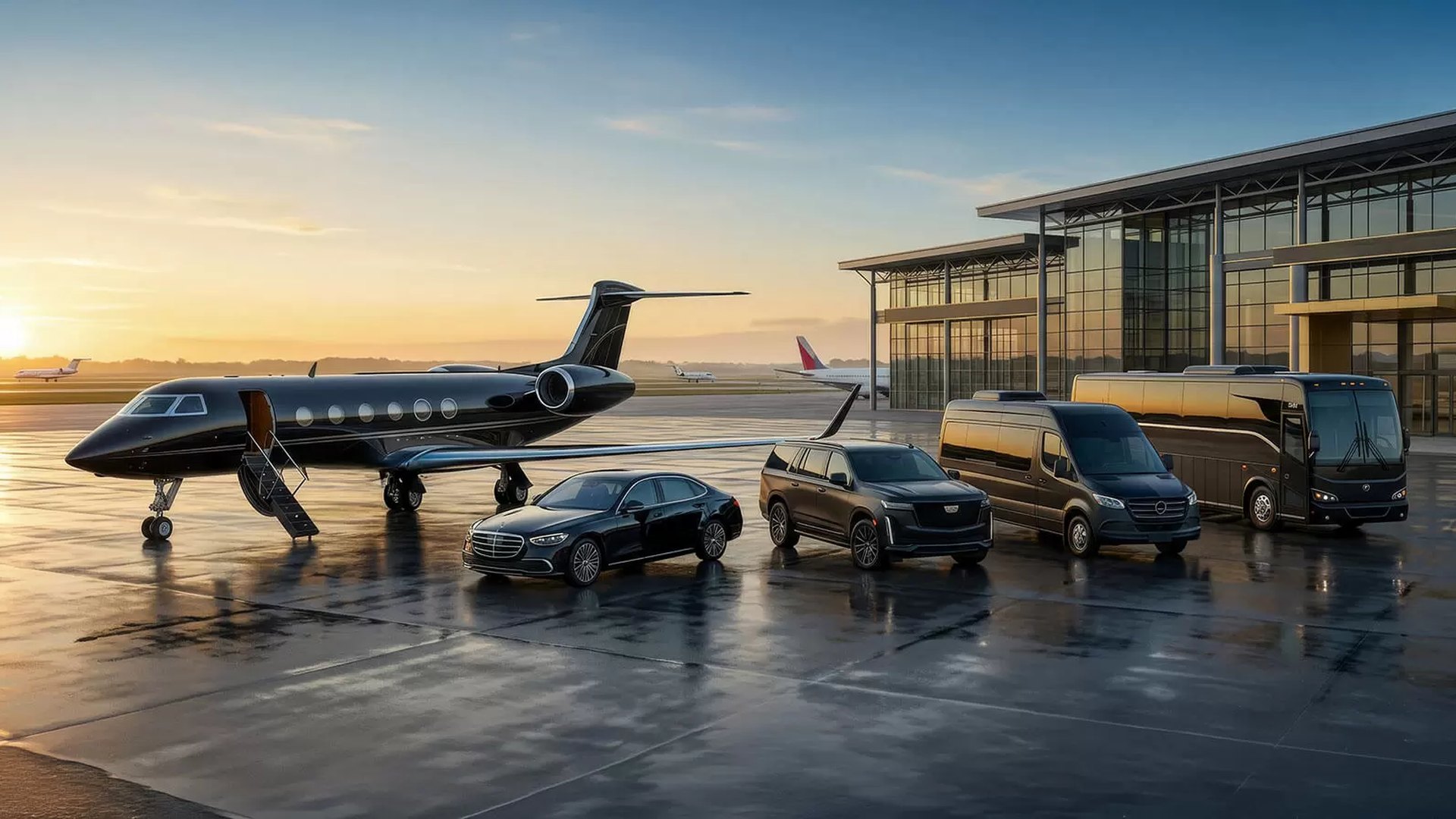 Chauffeured vehicles staged at golden hour